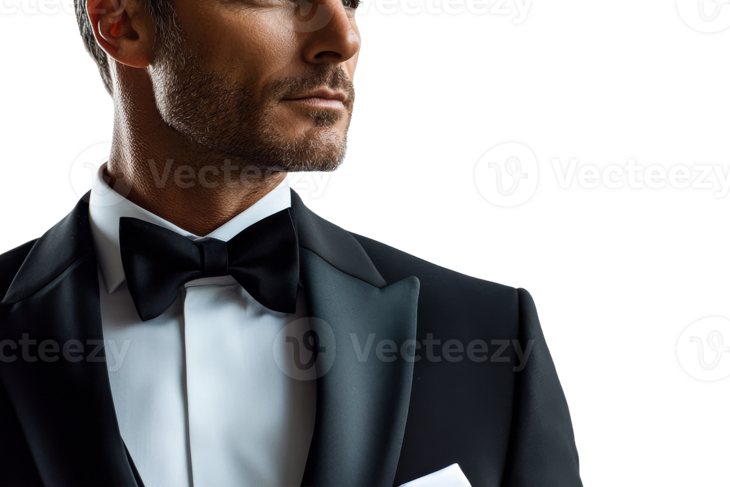 Attractive man in tuxedo looking away with confidence, cut out transparent png