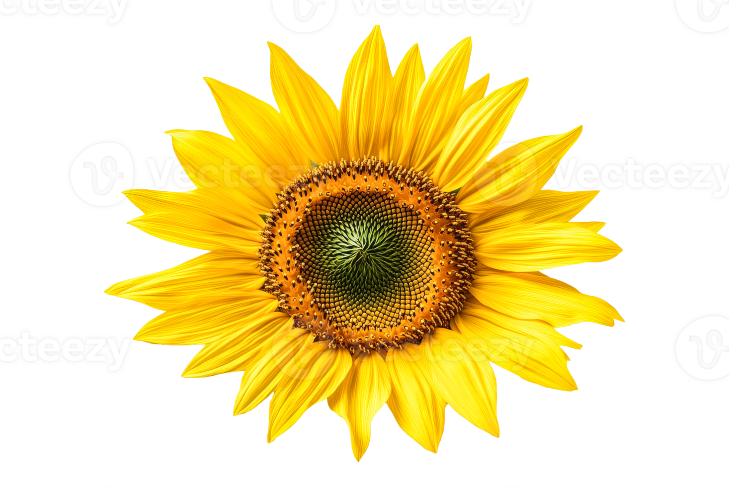 Bright yellow sunflower blossom isolated on transparent background, cut out transparent png