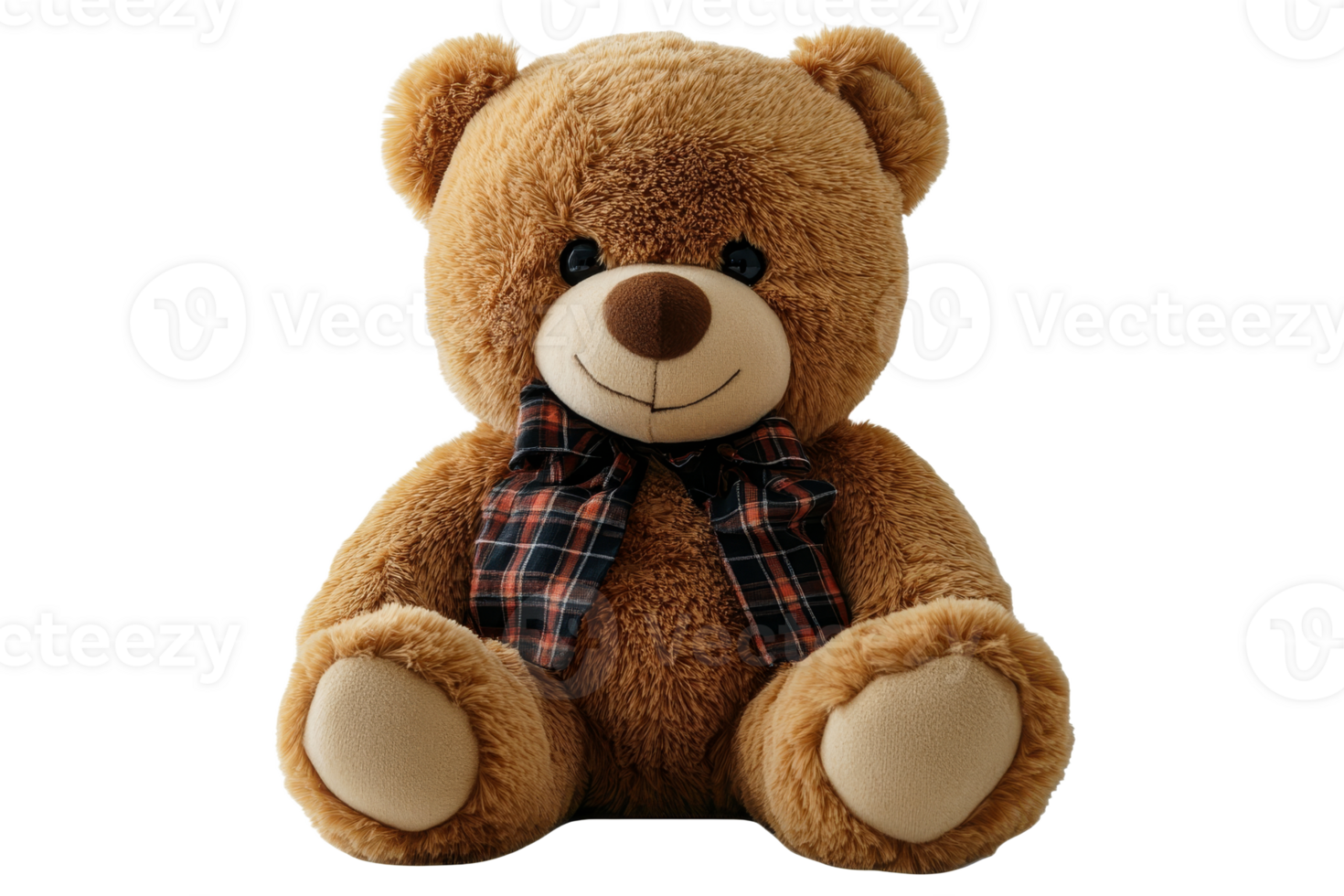 Adorable brown teddy bear with plaid bow tie sitting, cut out transparent png