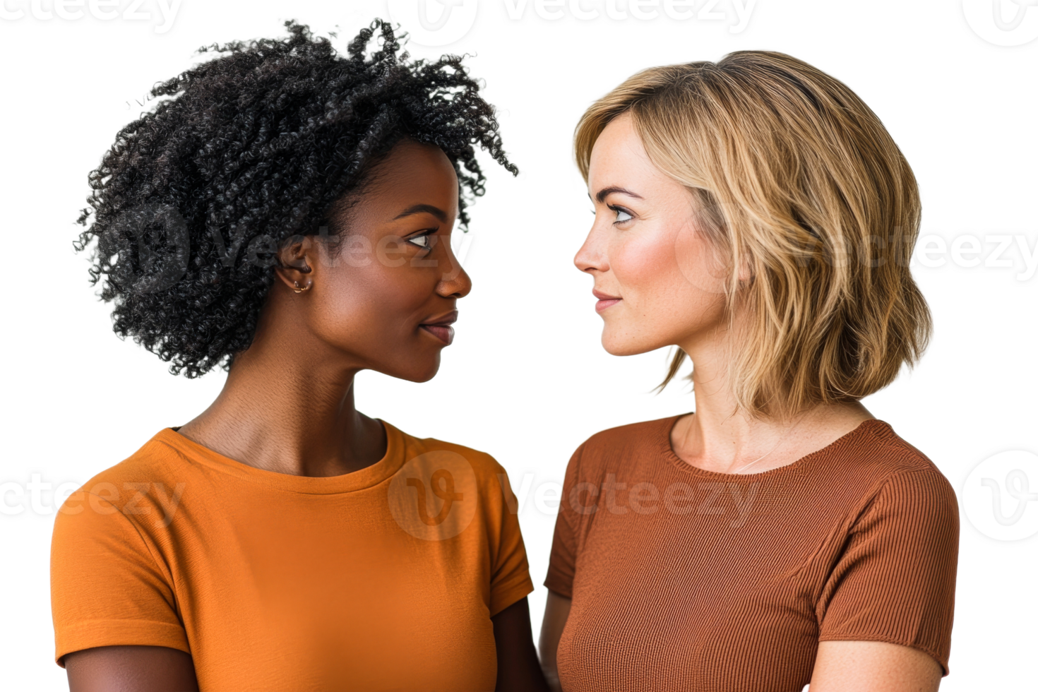 Two women of diverse ethnic backgrounds stare at each other, cut out transparent png
