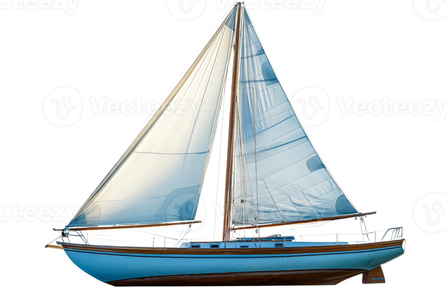 Blue sailboat with white sails gliding on ocean, cut out transparent png
