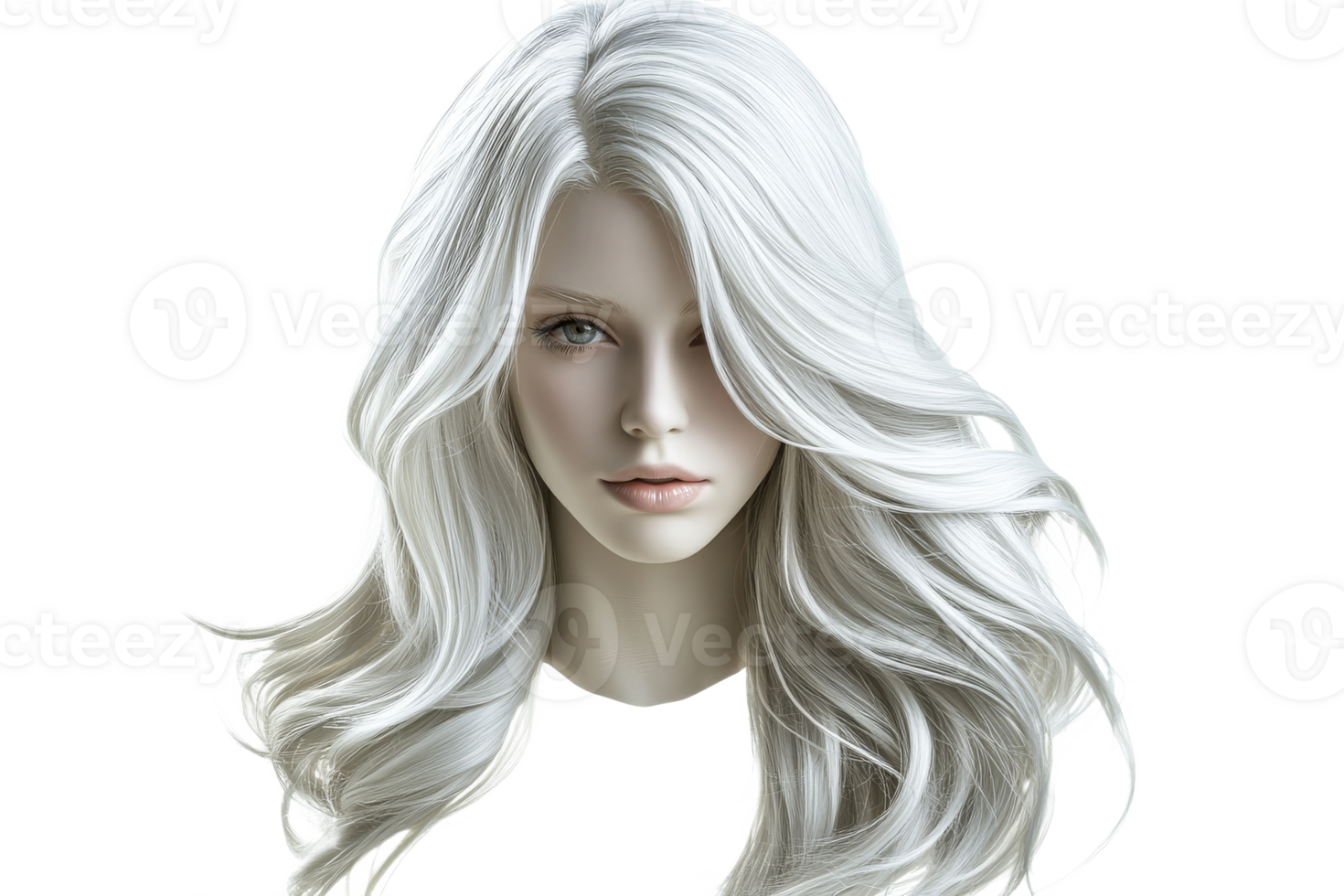 White hair girl, elegant pose, light skin, face portrait, cut out transparent png