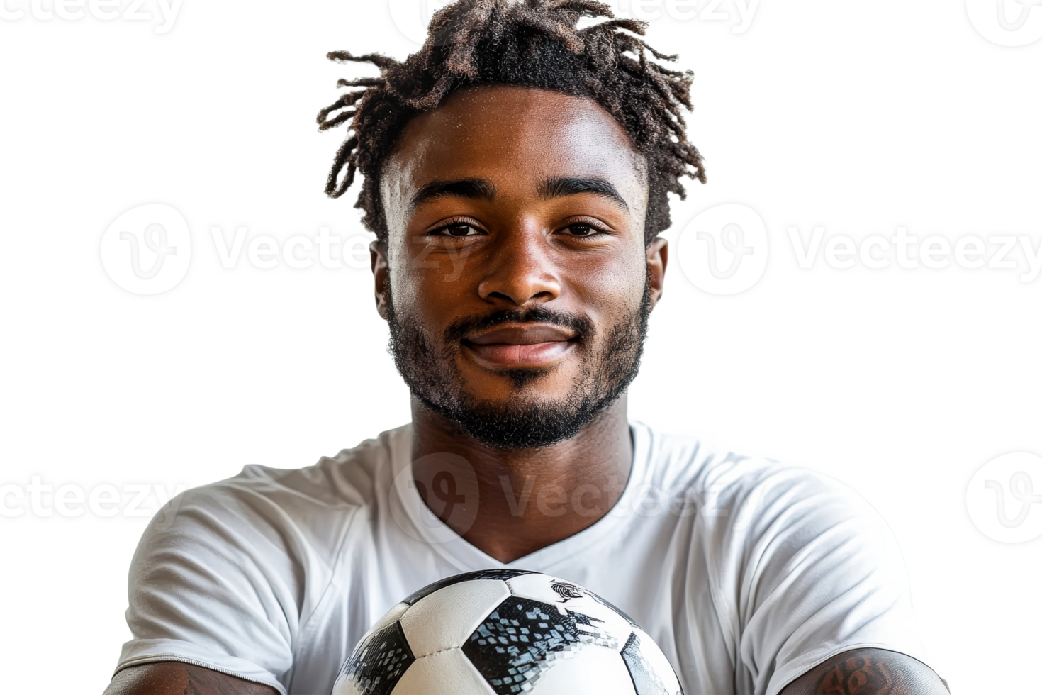 Smiling male athlete poses with soccer ball, cheerful face, cut out transparent png