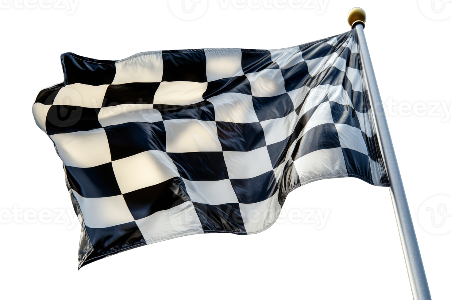 Waving black and white checkered flag on flagpole, cut out transparent png