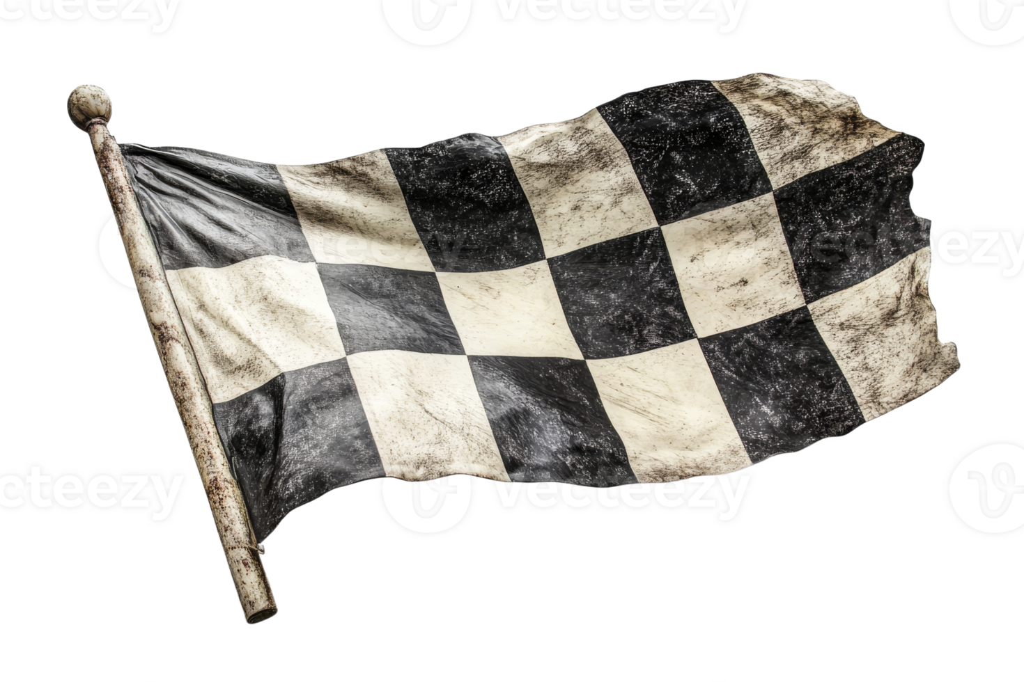 Old racing checkered flag waving on pole, cut out transparent png