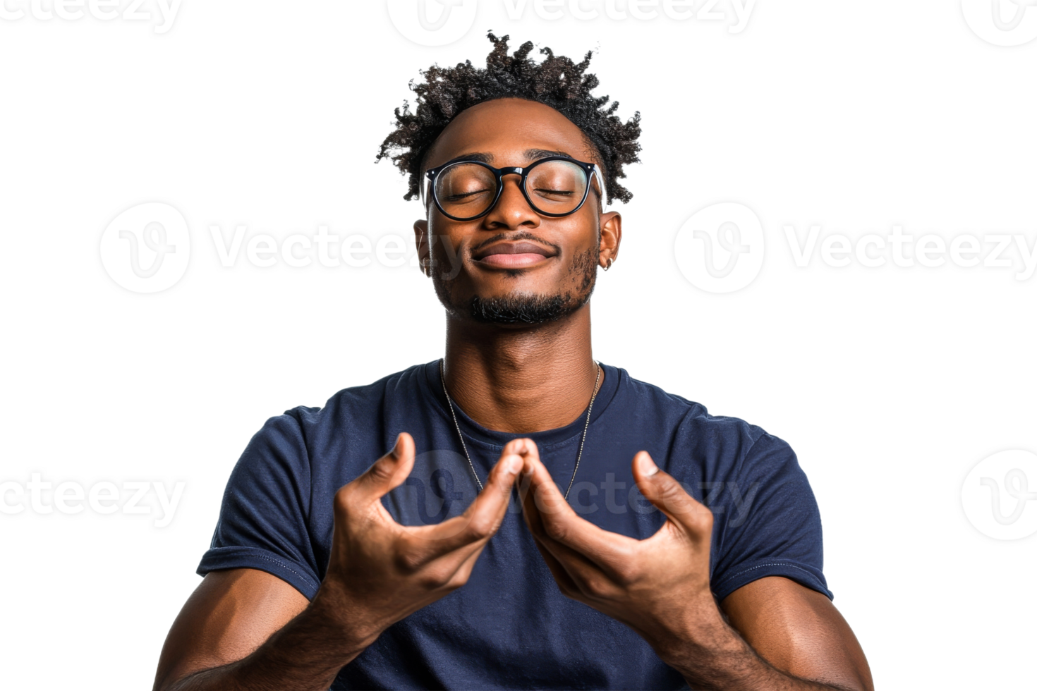 Pensive African man with closed eyes, glasses, hand gesture, cut out transparent png