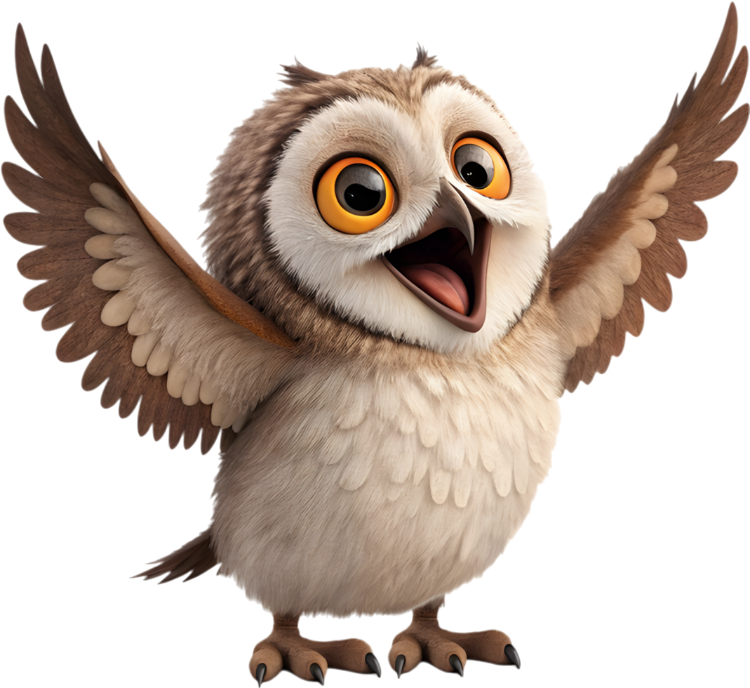 Smiling baby owl with fluffy and cozy textures. . png