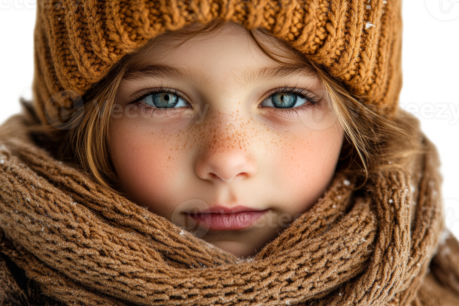 Girl in knit hat and scarf with freckles, close-up portrait, cut out transparent png