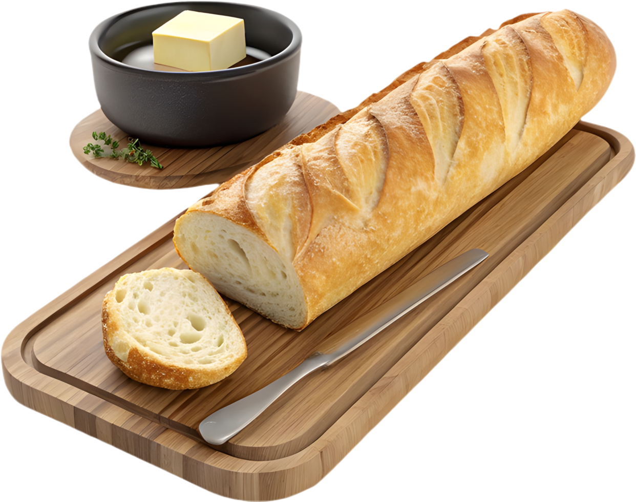 Tasty oven baked baguette with fluffy interior and crisp crust. . png