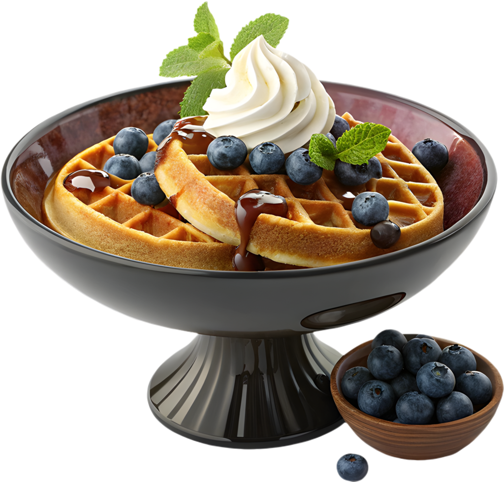 Tasty Belgian Waffles with Whipped Cream and Fruit Toppings. . png