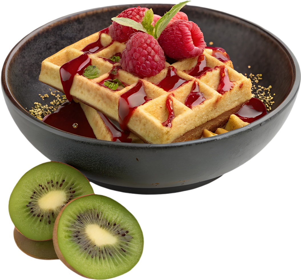 Delicious Belgian Waffles with Rich Cream and Fresh Fruit Toppings. . png