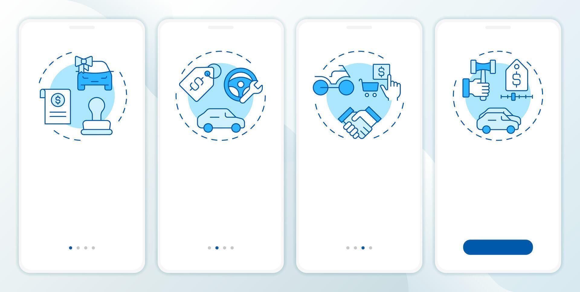 Auto dealership blue onboarding mobile app screen. Walkthrough 4 steps editable graphic instructions with linear concepts. UI, UX, GUI template vector