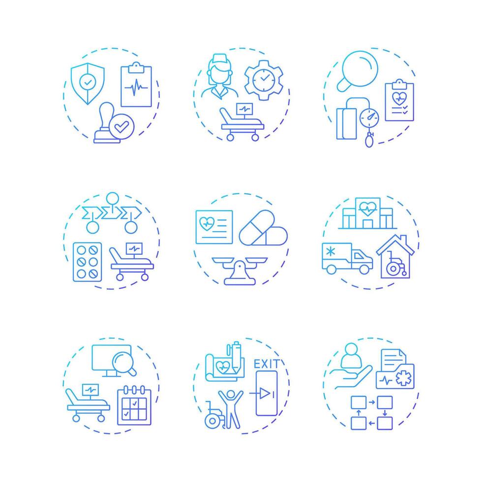 Utilization management blue gradient concept icons. Medical service regulation strategy. Healthcare service. Icon pack. Round shape illustrations for presentation. Abstract idea vector
