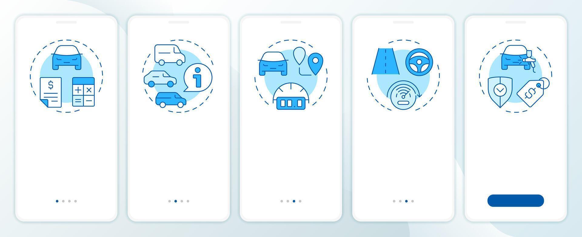Car buying process blue onboarding mobile app screen. Walkthrough 5 steps editable graphic instructions with linear concepts. UI, UX, GUI template vector