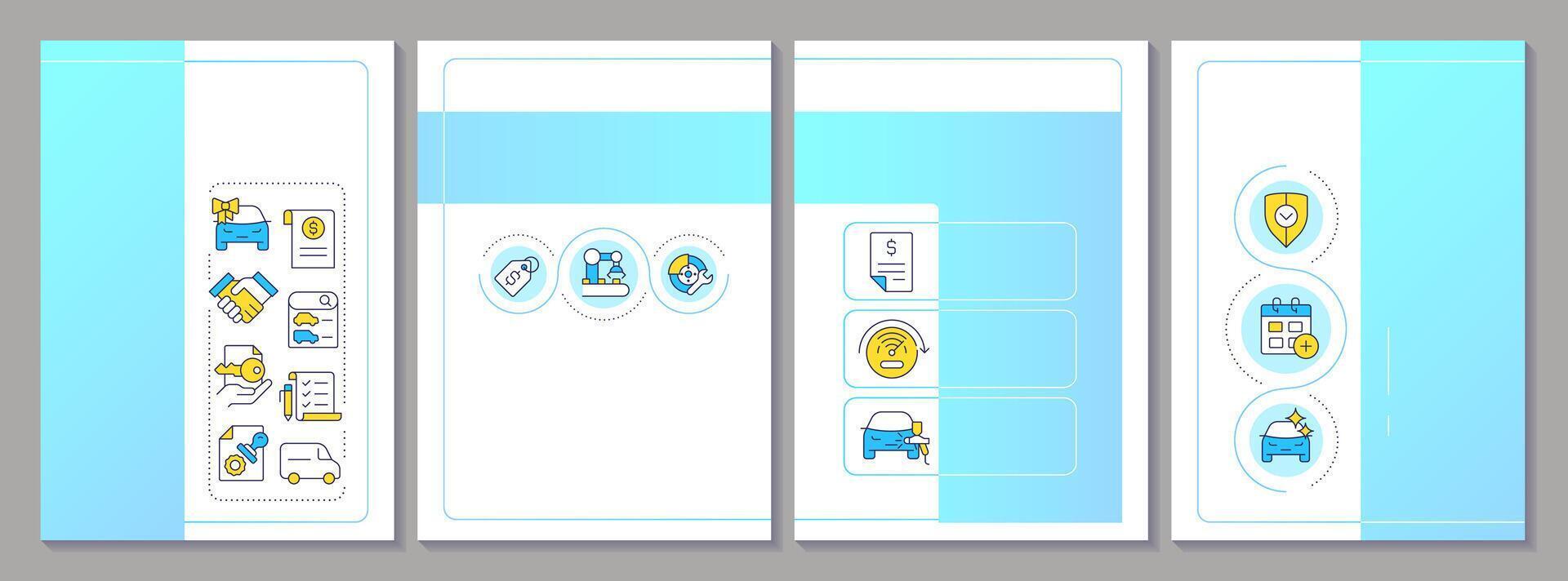Dealerships brochure template. Car buying checklist, criteries. Warranty, guarantee. Leaflet design with linear icons. Editable 4 layouts vector