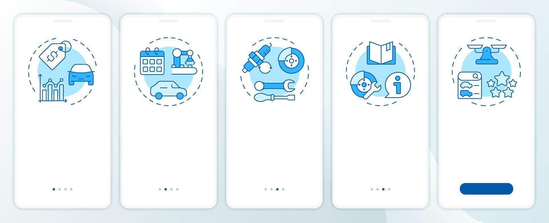 Vehicle evaluation blue onboarding mobile app screen. Walkthrough 5 steps editable graphic instructions with linear concepts. UI, UX, GUI template vector