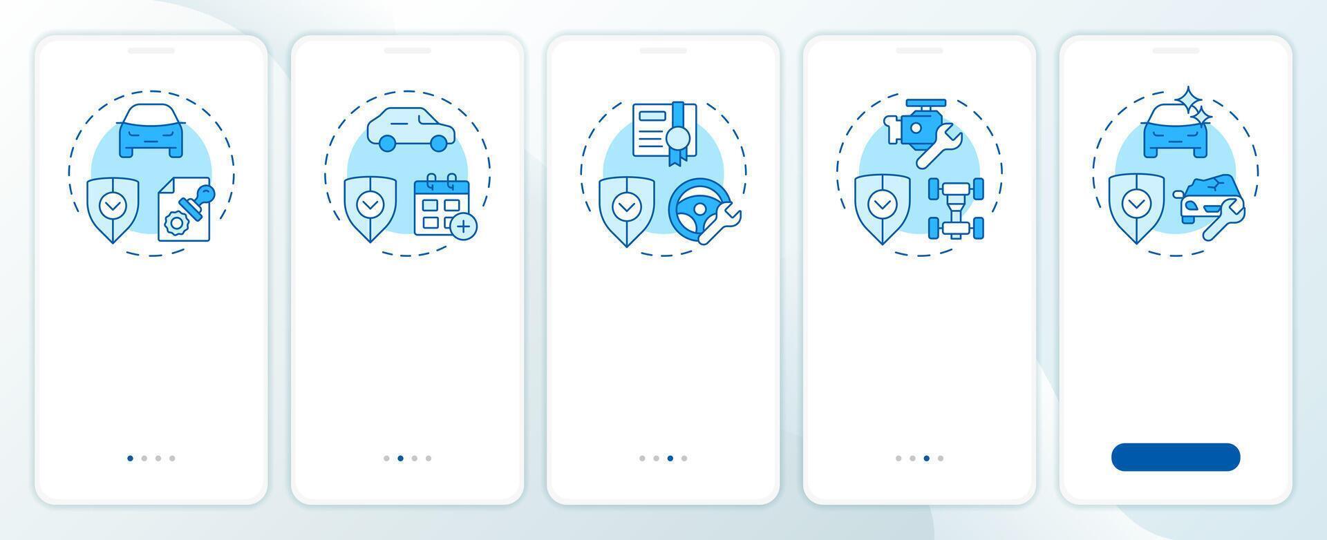 Car warranties blue onboarding mobile app screen. Walkthrough 5 steps editable graphic instructions with linear concepts. UI, UX, GUI template vector
