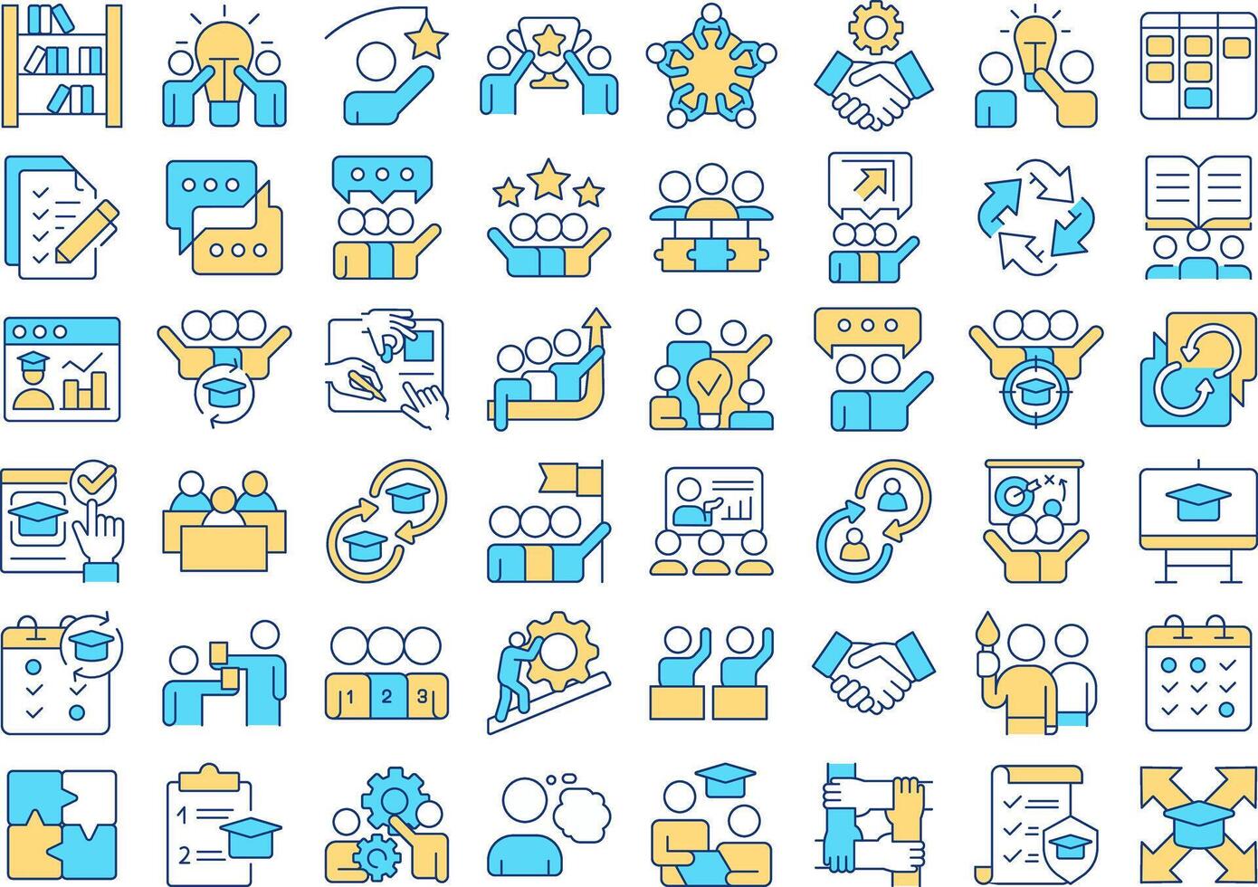 Cooperative learning RGB color icons set. Team work organization, studying. Communication, brainstorm. Isolated illustrations. Simple filled line drawings collection. Editable stroke vector