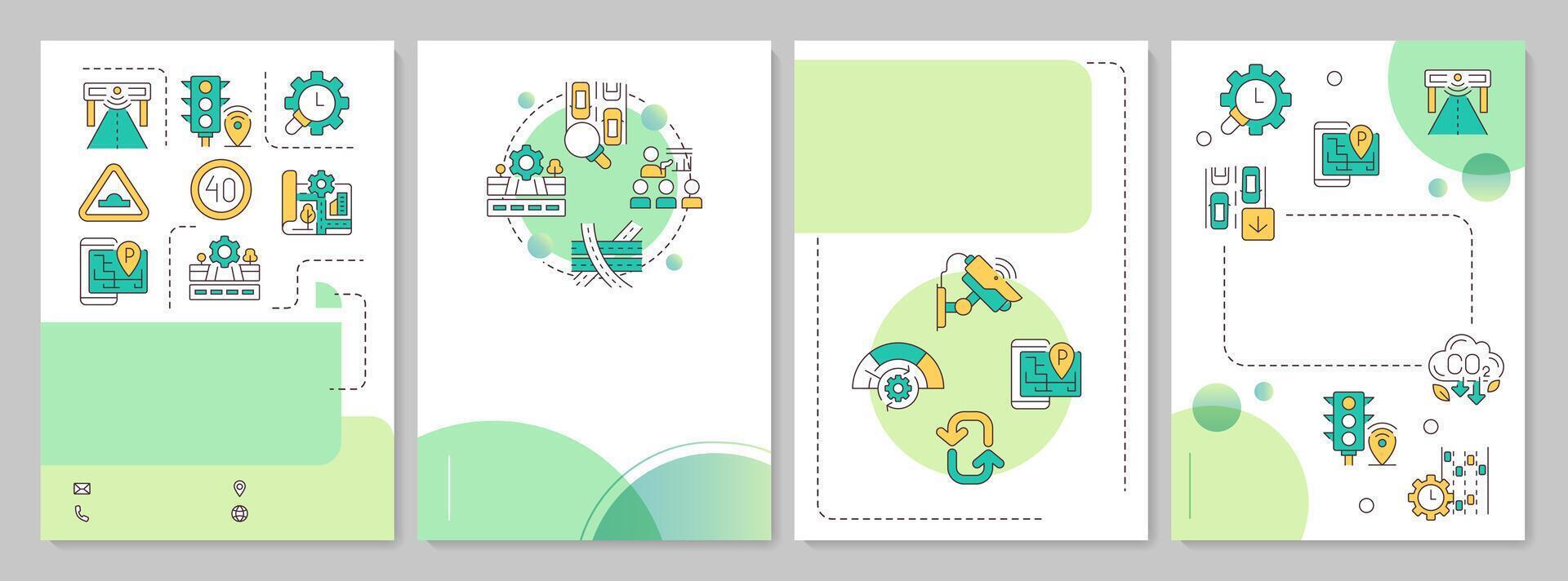 Traffic management green circle brochure template. Road transport capacity regulation. Leaflet design with linear icons. Editable 4 layouts vector