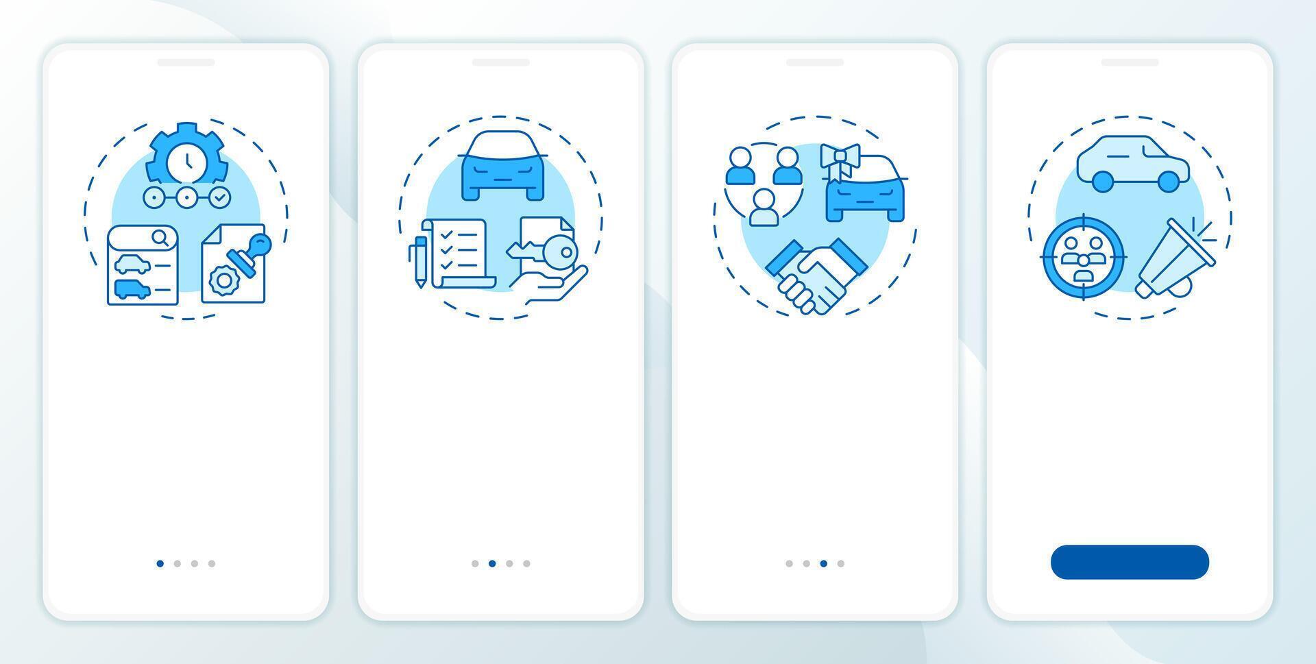 Dealership management blue onboarding mobile app screen. Walkthrough 4 steps editable graphic instructions with linear concepts. UI, UX, GUI template vector