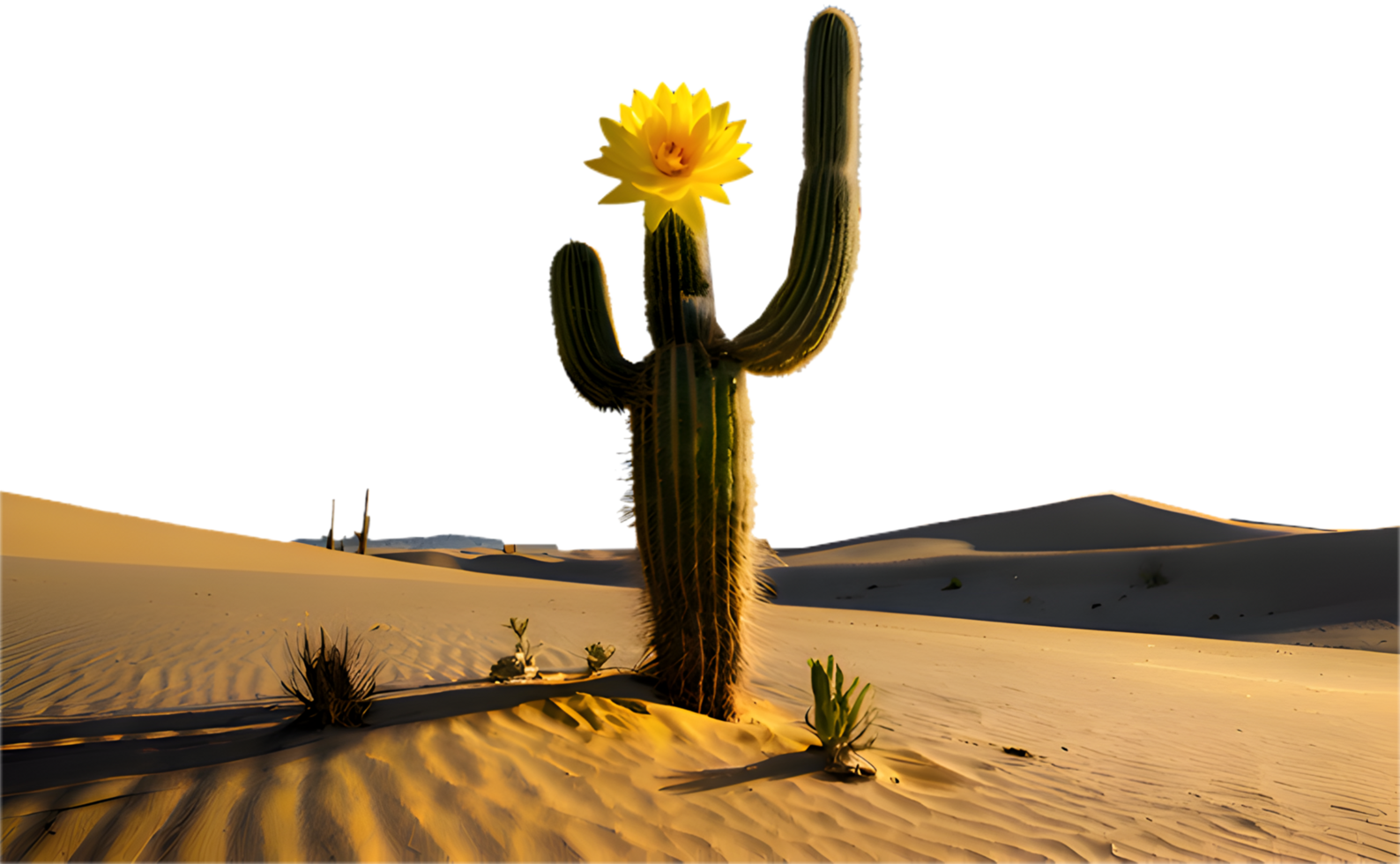 Majestic cactus tree in the center of a golden desert scene. . png