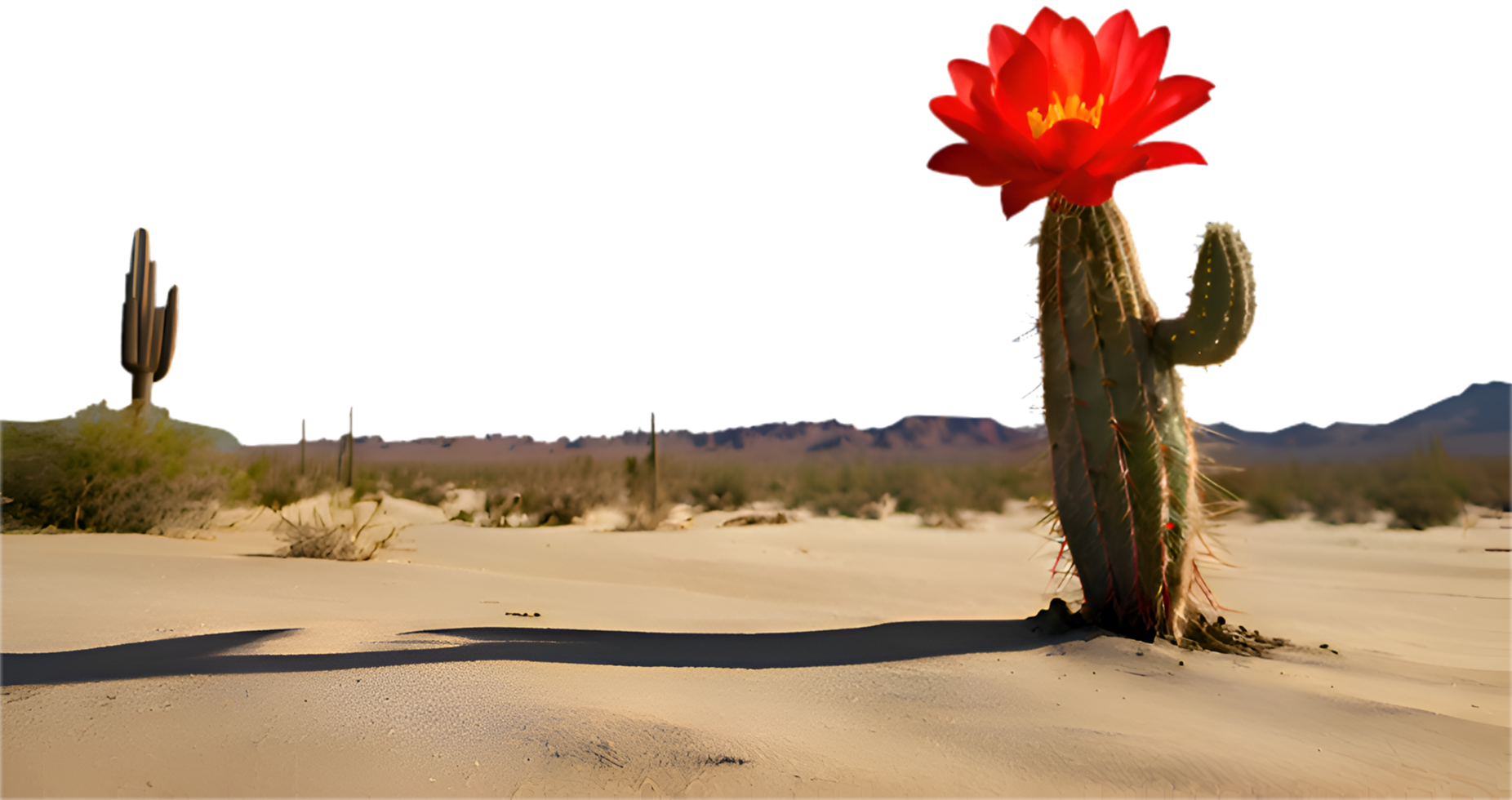 Cactus tree casting shadows in the peaceful desert under clear skies. . png