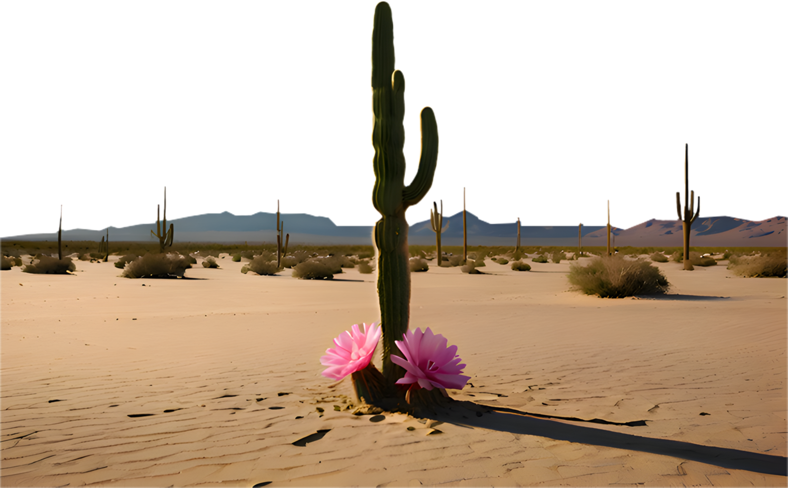 Lone cactus tree under the midday sun in a desert landscape. . png