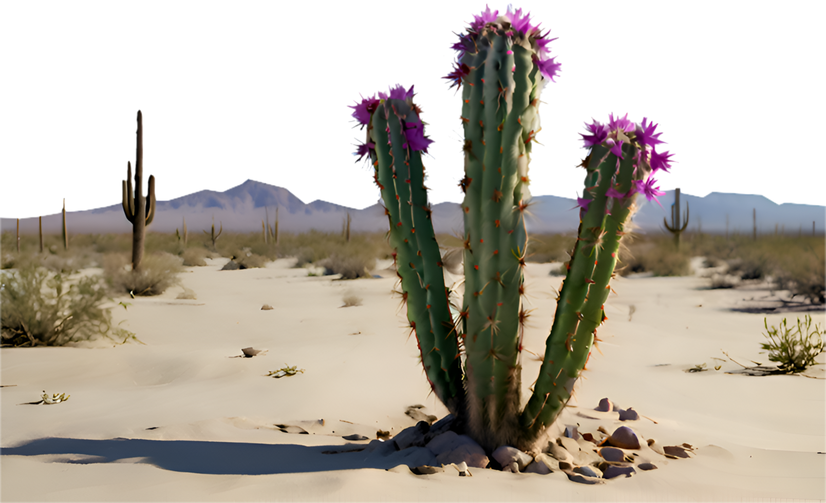 Single cactus tree silhouetted by the setting sun in the desert. . png