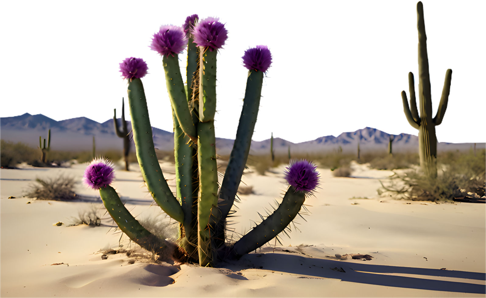Tranquil desert setting with cactus tree as the central element. . png