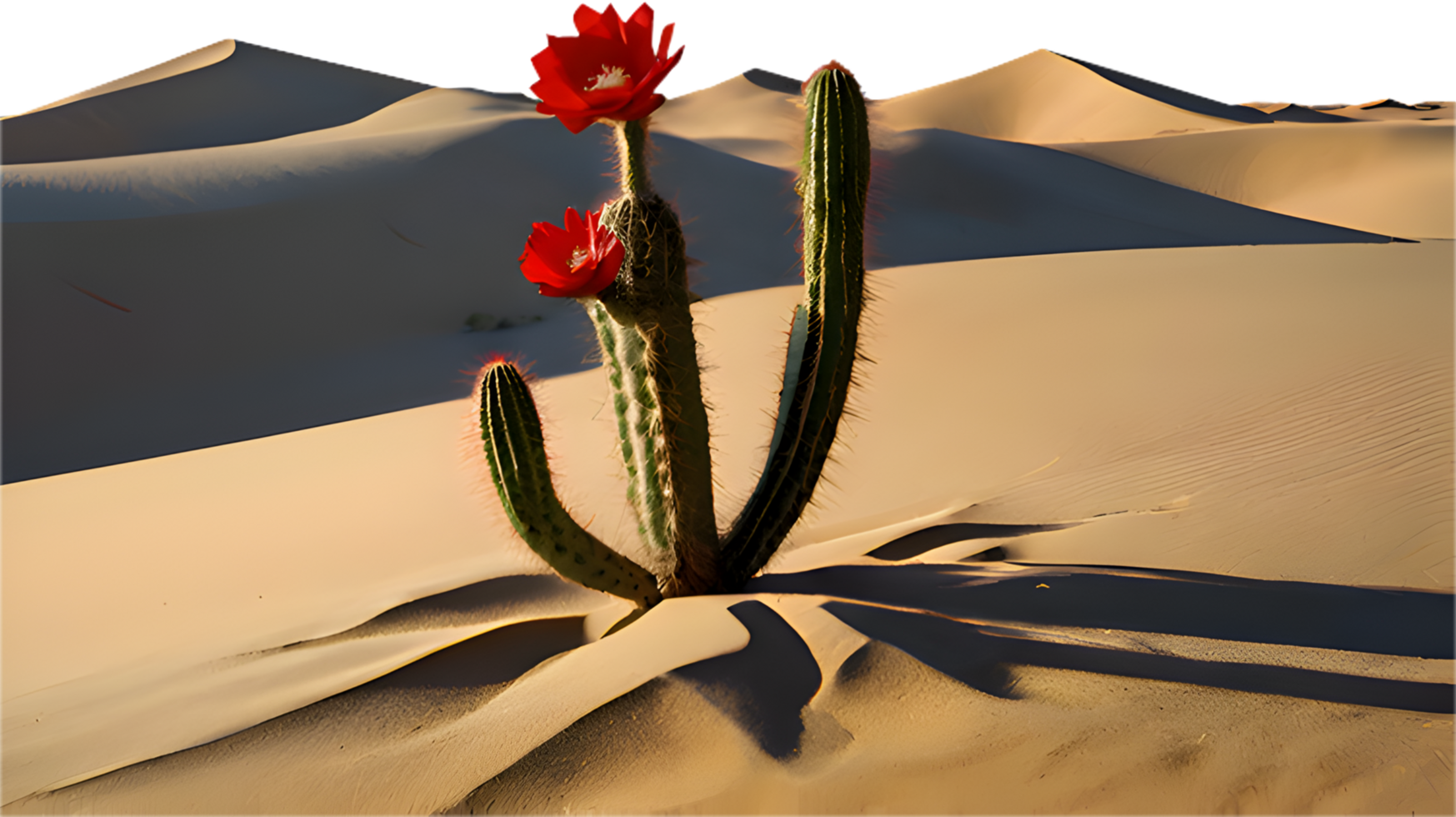 Sunlit desert landscape with cactus tree standing alone in serenity. . png