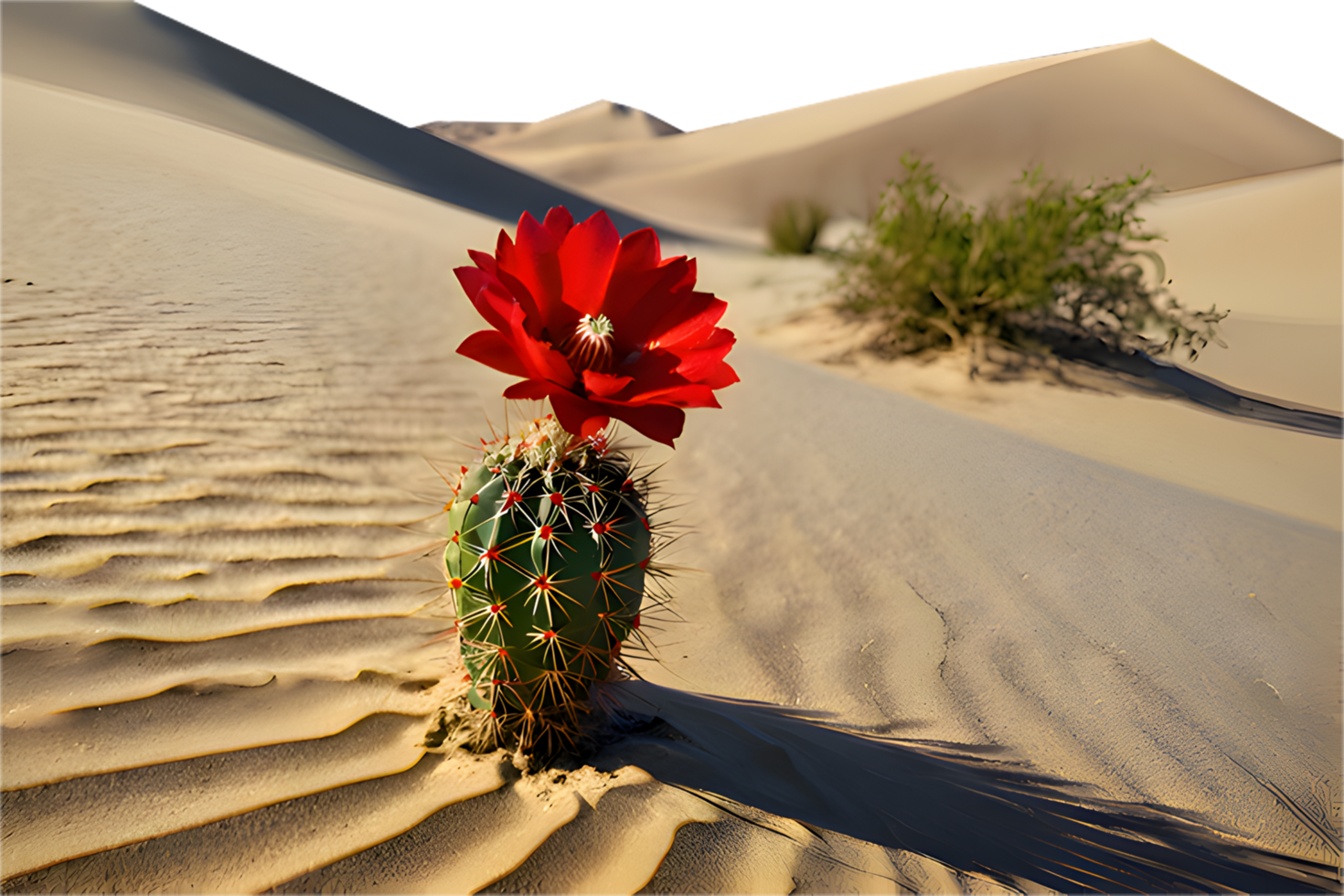 Peaceful cactus tree in a minimalist desert scene with blue skies. . png