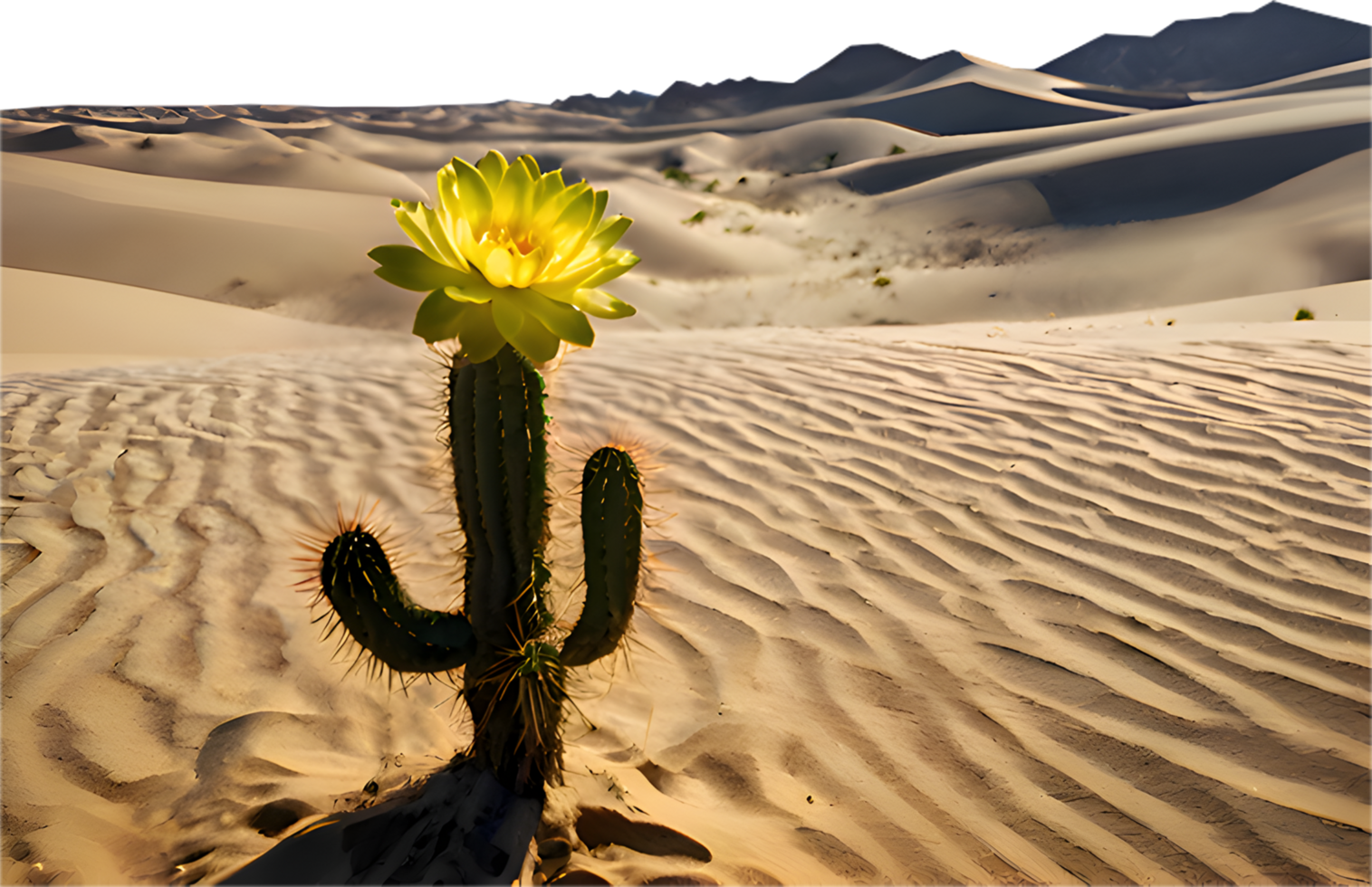 Desolate desert with a lone cactus tree highlighting natural beauty. . png