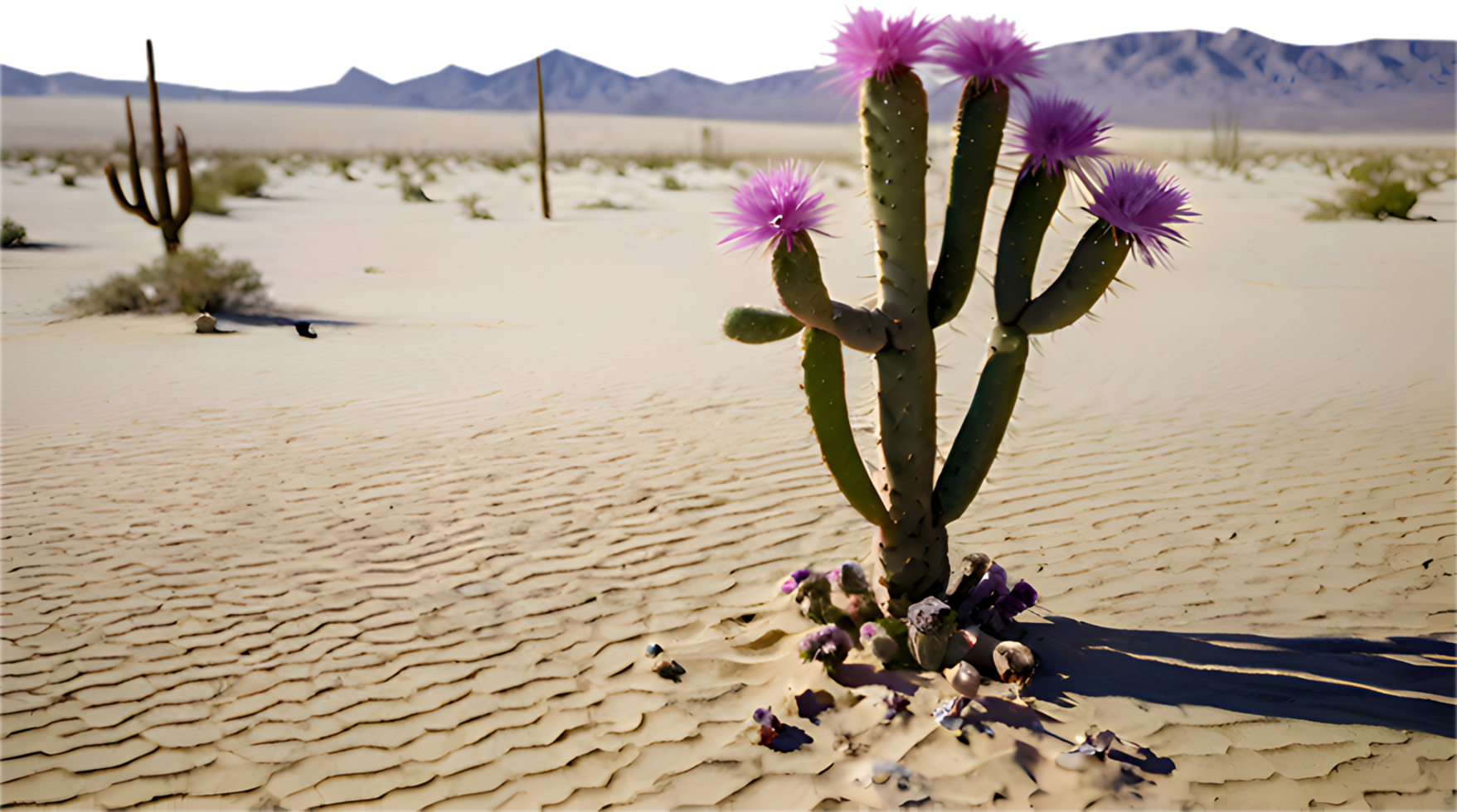 Serene desert atmosphere with a solitary cactus tree. . png