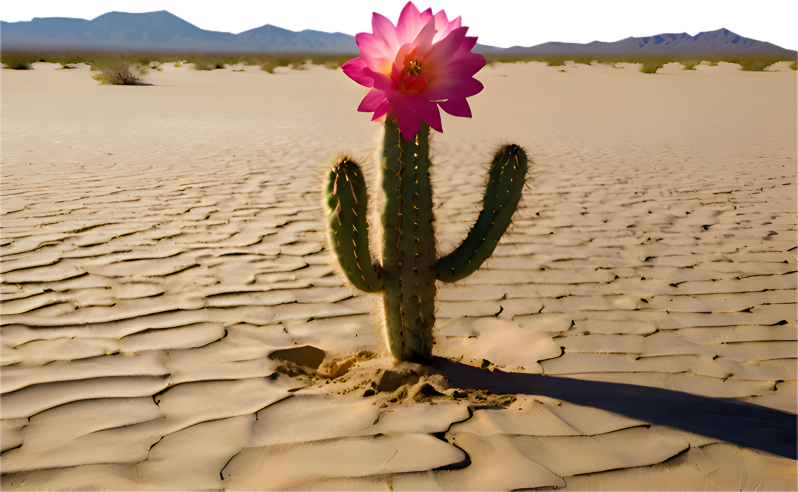Quiet desert with a solitary cactus tree bathed in sunlight. . png