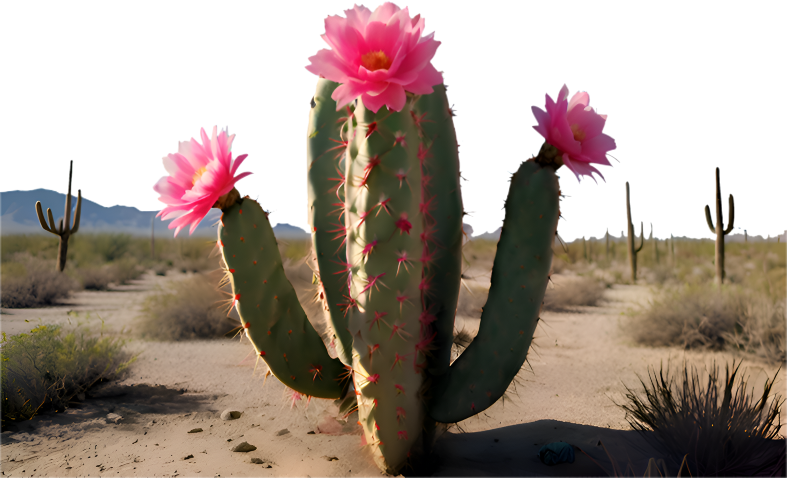 Desolate desert landscape with a lone cactus tree standing tall. . png
