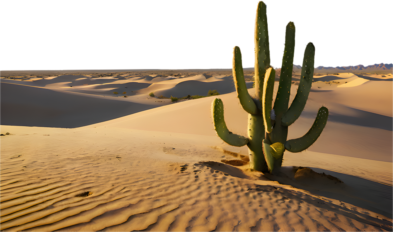 Solitary cactus tree in an expansive desert under clear skies. . png