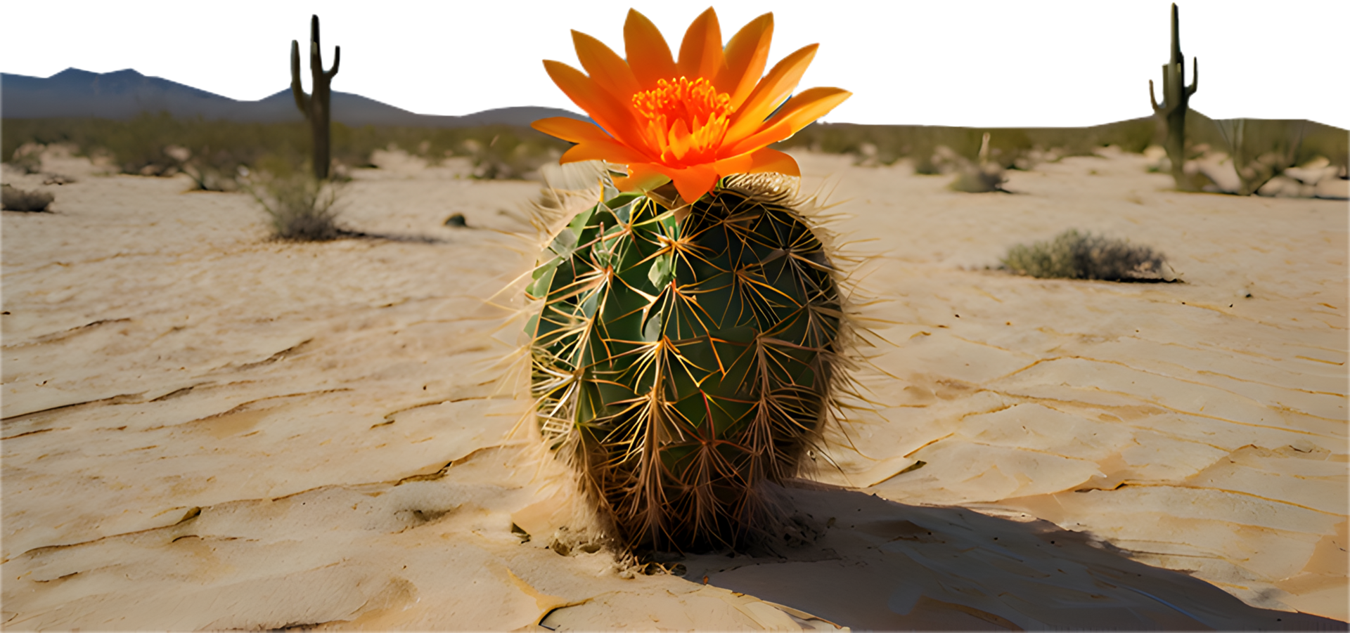 Serene desert scene with a lone cactus tree and clear blue sky. . png