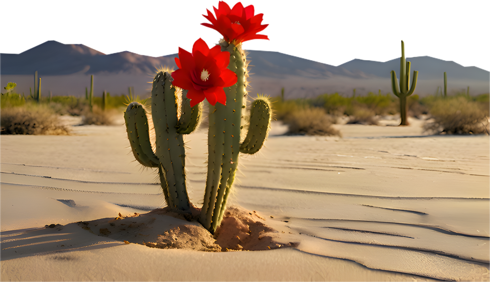 Lush cactus tree amidst the still desert with clear skies. . png