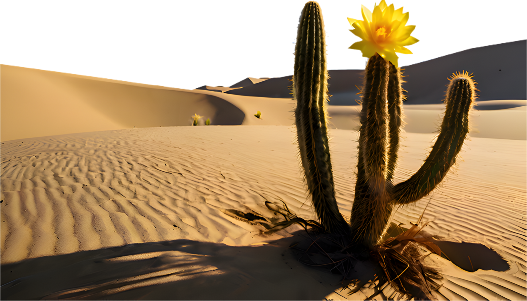 Cactus tree alone in the desert with golden hour sunlight. . png