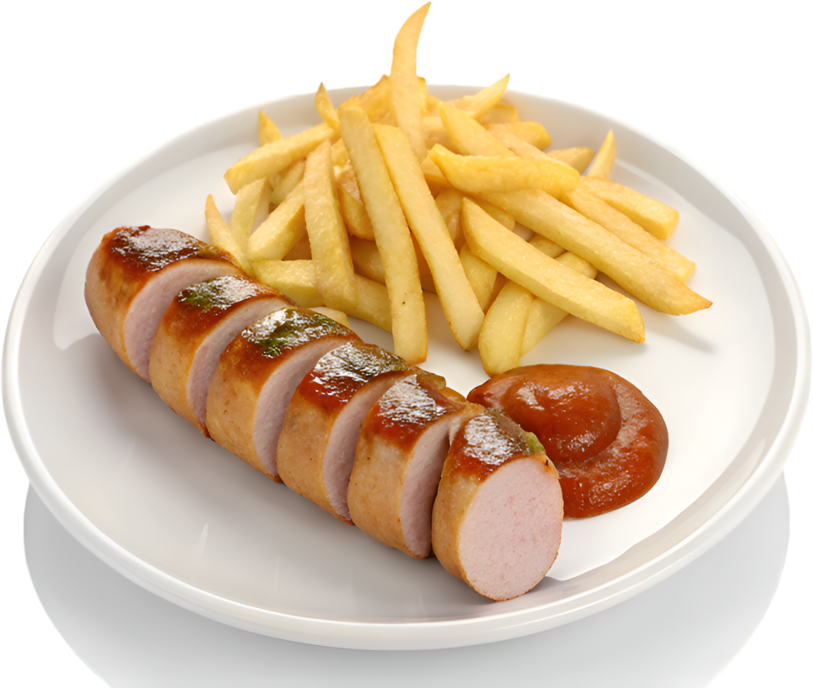 Gourmet Currywurst food icon with tasty sausage and spices. . png