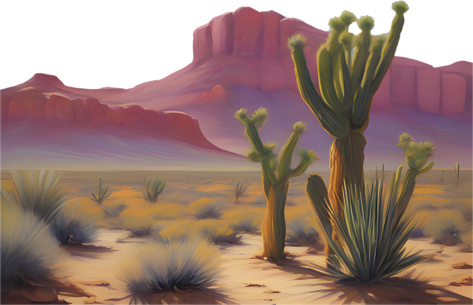 Open desert terrain with scattered cacti and dry land. . png