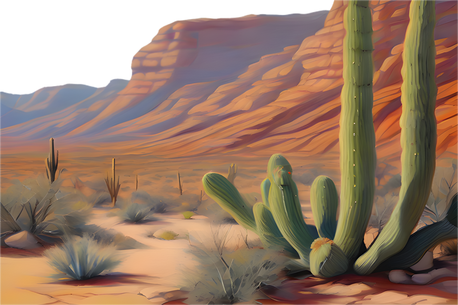 Solitary desert view with scattered cacti and dramatic sky. . png