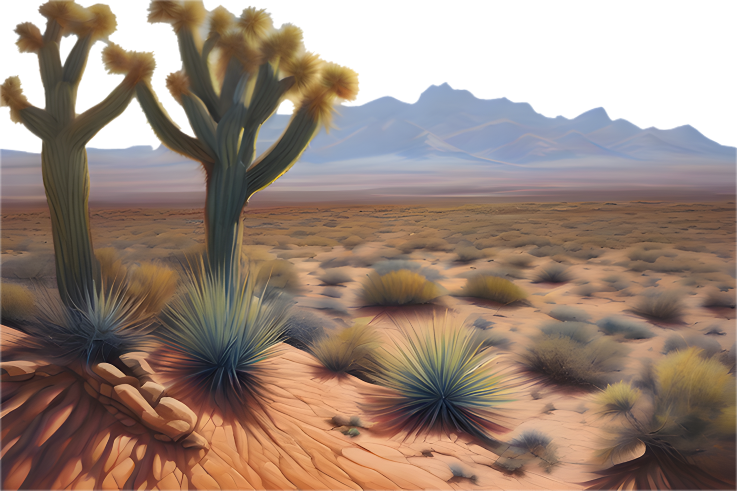 Remote desert scene with palm trees and barren hills. . png