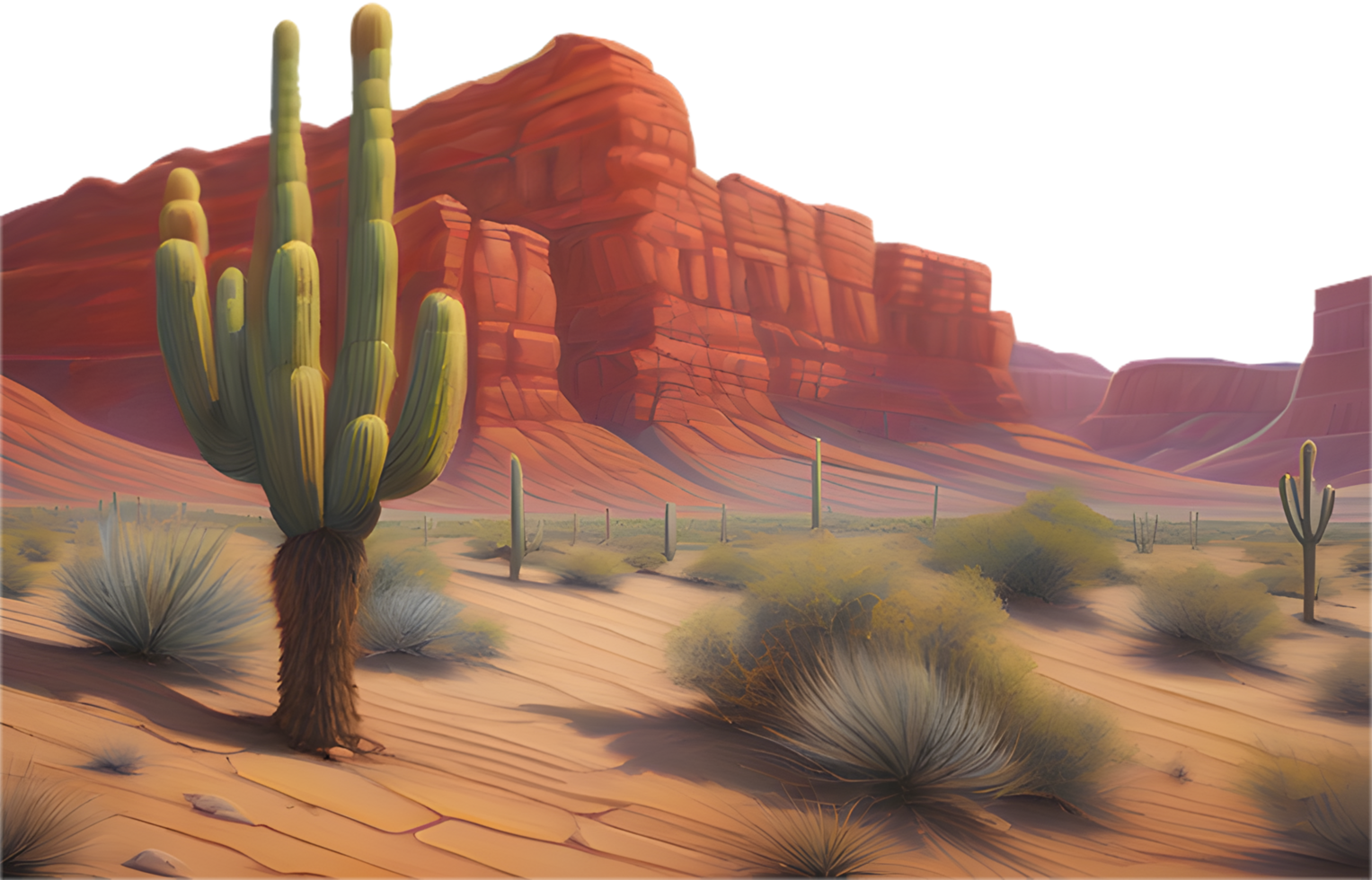 Serene desert terrain with cactus and vast sand dunes. . png