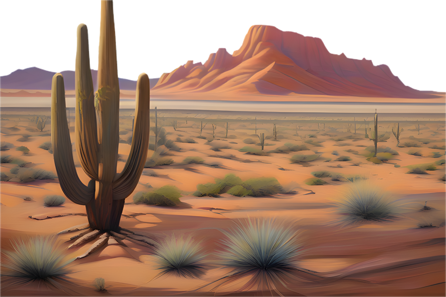 Dry desert wilderness with cacti and golden sandy expanse. . png