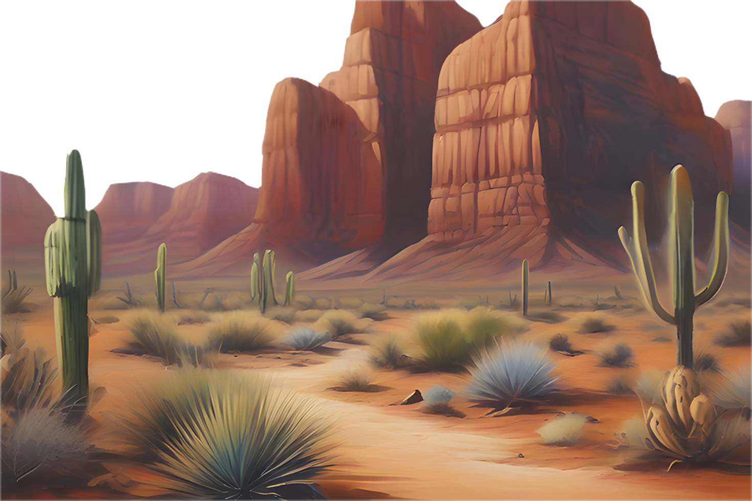 Wild desert terrain with clear sky and scattered desert flora. . png