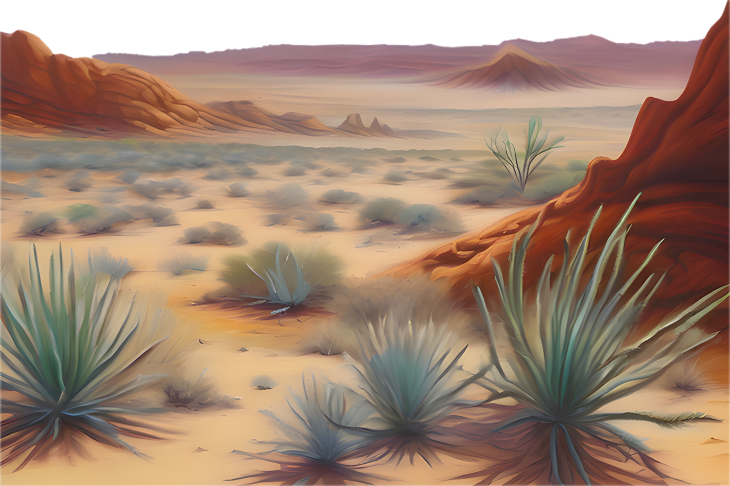 Remote desert landscape with palm trees and sandy dunes. . png