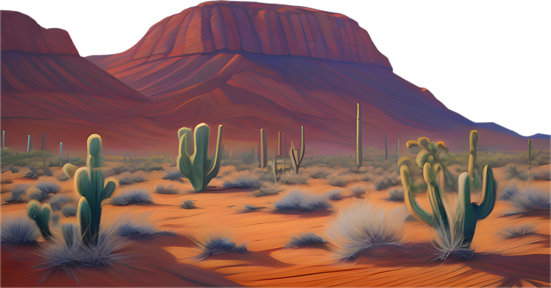 Vast desert landscape featuring cactus and rocky outcrops. . png