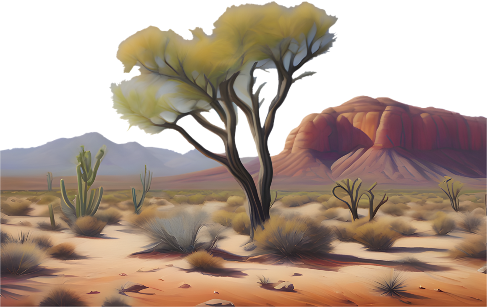 Desert landscape with sand dunes and cactus at sunset. . png