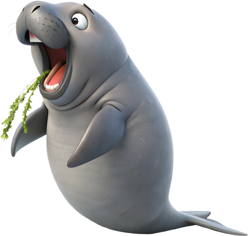 Playful Dugong Cartoon with Ocean Background. . png